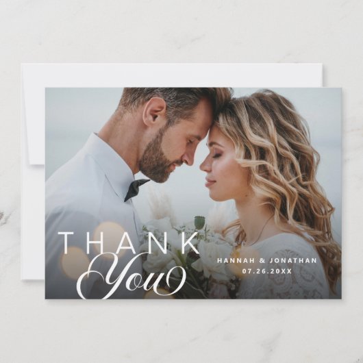 Elegantes Script Wedding Foto Danke Karte (Vorderseite)