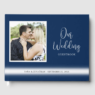 Elegantes Script Wedding Foto Dark Blue Gästebuch