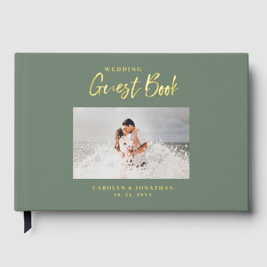 Elegantes Script Wedding Foto Sage Gästebuch (Vorderseite)