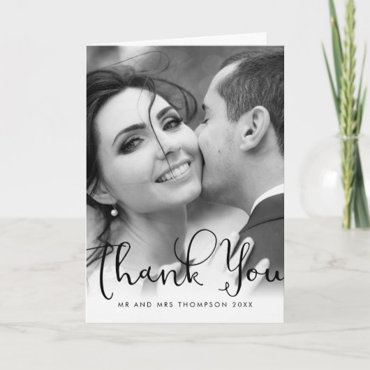Elegantes Script Wedding Foto Vielen Dank Dankeskarte (Vorderseite)