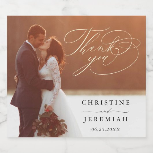 Elegantes Script Wedding Foto Vielen Dank Schaumweinetikett (Einzelnes Label)