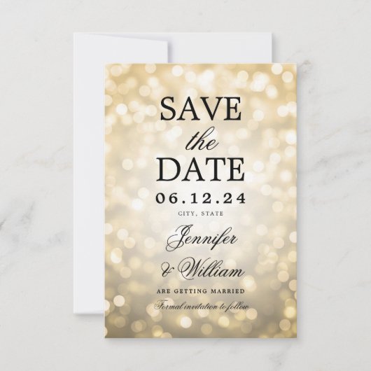 Elegantes Script Wedding Gold Bokeh Lights Save The Date (Vorderseite)