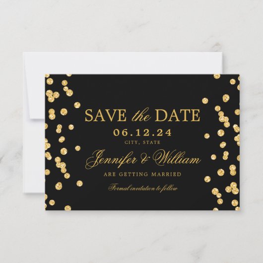 Elegantes Script Wedding Gold Confetti Black Save The Date (Vorderseite)