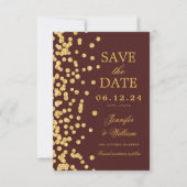 Elegantes Script Wedding Gold Confetti Burgundy Save The Date (Vorderseite)