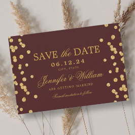 Elegantes Script Wedding Gold Confetti Burgundy Save The Date