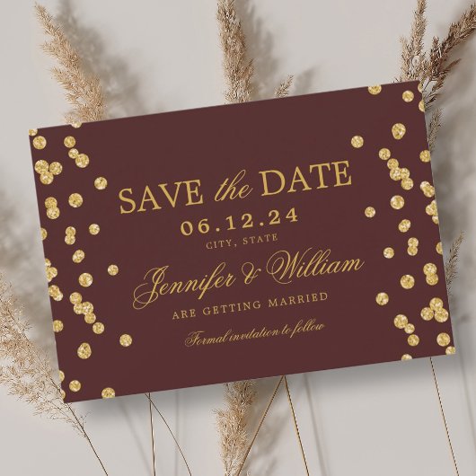 Elegantes Script Wedding Gold Confetti Burgundy Save The Date