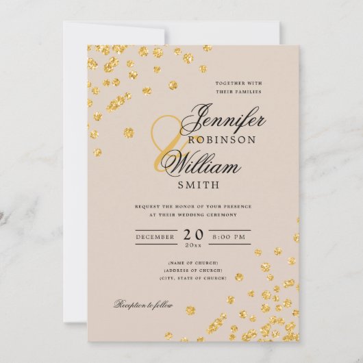 Elegantes Script Wedding Gold Confetti Champagne Einladung (Vorderseite)