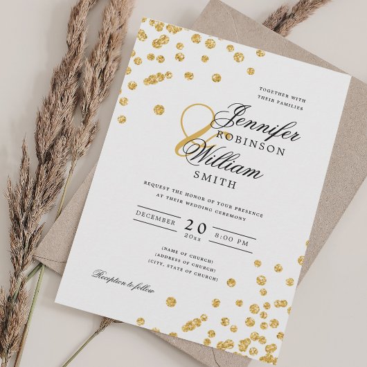 Elegantes Script Wedding Gold Confetti QR UAWG Einladung