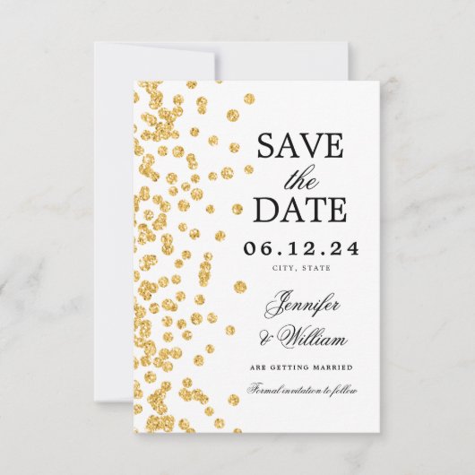 Elegantes Script Wedding Gold Confetti Save The Date (Vorderseite)