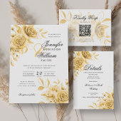 Elegantes Script Wedding Gold Floral w/QR UAWG Einladung