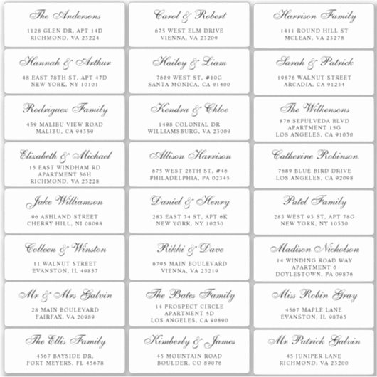 Elegantes Script Wedding Guest Address Aufkleber (Vorderseite)