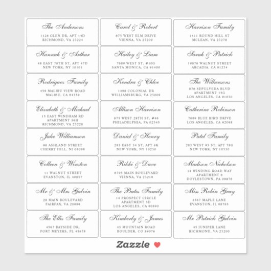Elegantes Script Wedding Guest Address Aufkleber (Blatt)