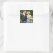 Elegantes Script Wedding Liebe and Danke Foto Quadratischer Aufkleber (Tasche)