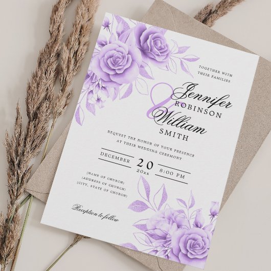 Elegantes Script Wedding Lila Floral w/QR UAWG Einladung