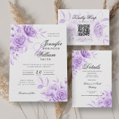 Elegantes Script Wedding Lila Floral w/QR UAWG Einladung