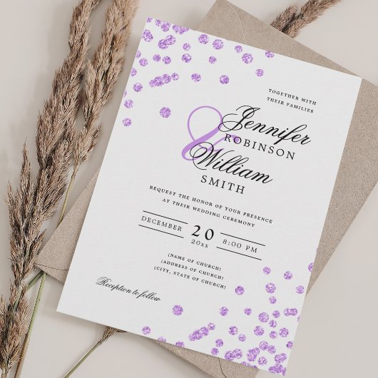 Elegantes Script Wedding Lila Glitzer Confetti Einladung