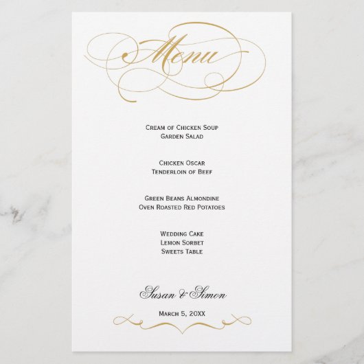 Elegantes Script Wedding Menu - Gold (Vorderseite)
