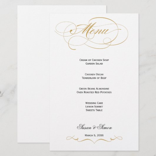 Elegantes Script Wedding Menu - Gold (Vorne/Hinten)