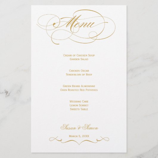 Elegantes Script Wedding Menu - Gold (Vorderseite)