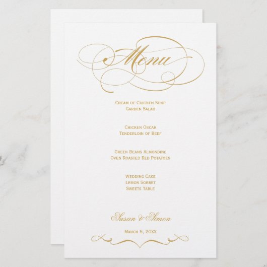 Elegantes Script Wedding Menu - Gold (Vorne/Hinten)