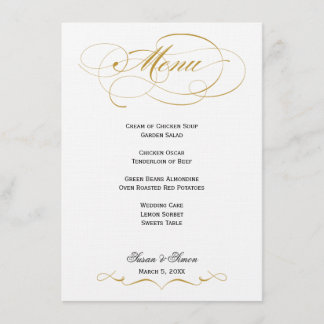Elegantes Script Wedding Menu - Gold & Black Menükarte