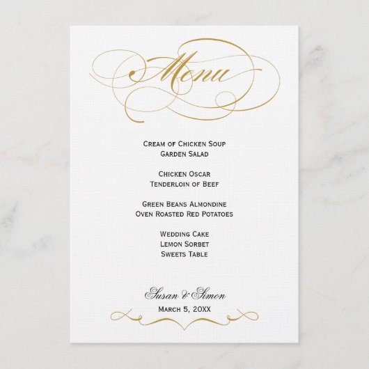Elegantes Script Wedding Menu - Gold & Black Menükarte (Vorderseite)
