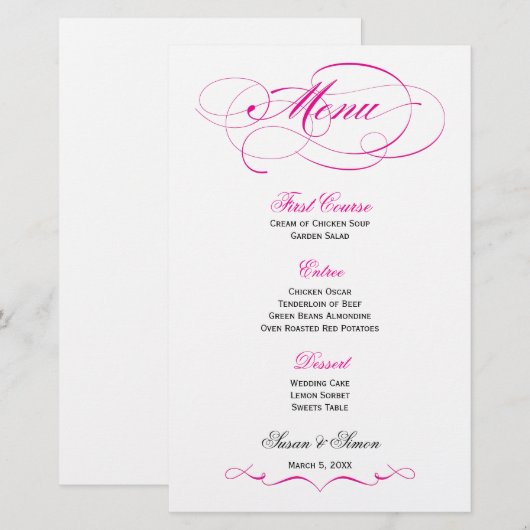 Elegantes Script Wedding Menu - Hellrosa (Vorne/Hinten)