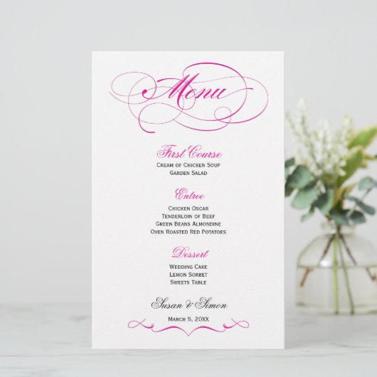 Elegantes Script Wedding Menu - Hellrosa (Stehend Vorderseite)