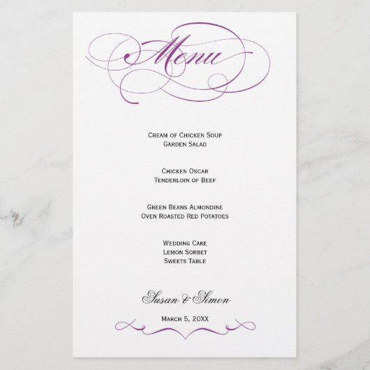 Elegantes Script Wedding Menu - Lila (Vorderseite)