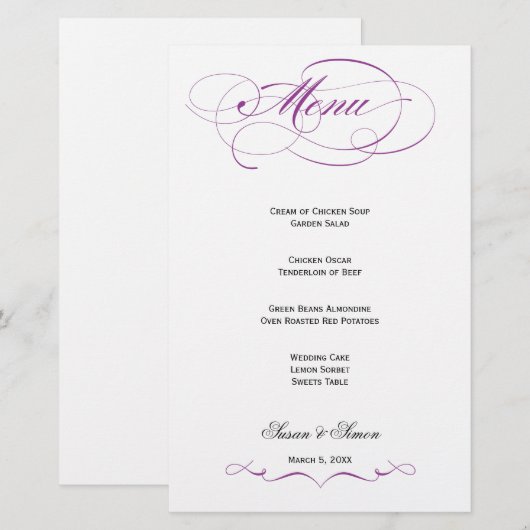 Elegantes Script Wedding Menu - Lila (Vorne/Hinten)