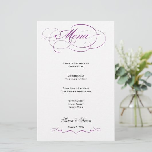 Elegantes Script Wedding Menu - Lila (Stehend Vorderseite)