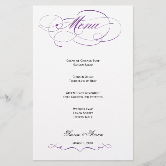 Elegantes Script Wedding Menu - Lila (Vorderseite)