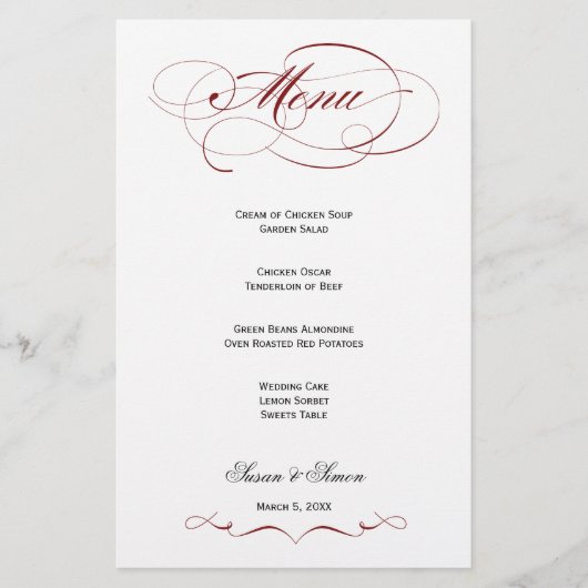 Elegantes Script Wedding Menu - Maroon (Vorderseite)