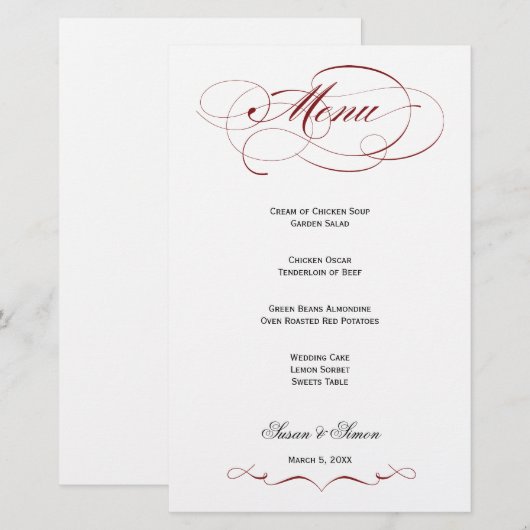 Elegantes Script Wedding Menu - Maroon (Vorne/Hinten)