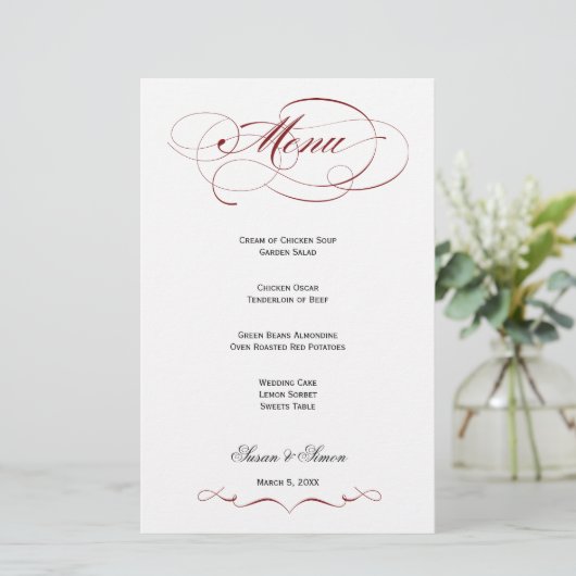 Elegantes Script Wedding Menu - Maroon (Stehend Vorderseite)