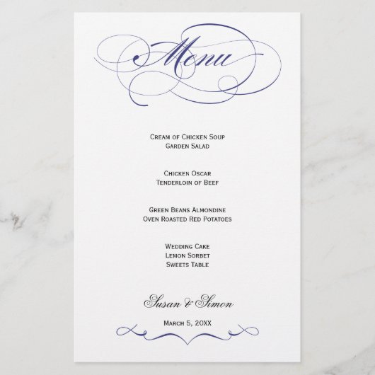 Elegantes Script Wedding Menu - Navy Blue (Vorderseite)