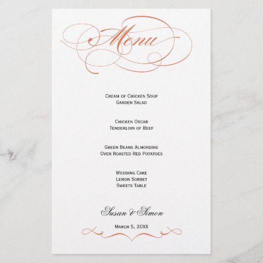 Elegantes Script Wedding Menu - Orange (Vorderseite)