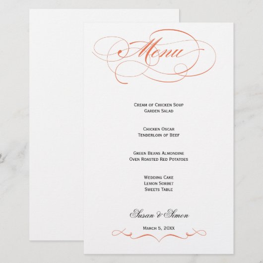 Elegantes Script Wedding Menu - Orange (Vorne/Hinten)