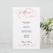 Elegantes Script Wedding Menu - Orange (Stehend Vorderseite)