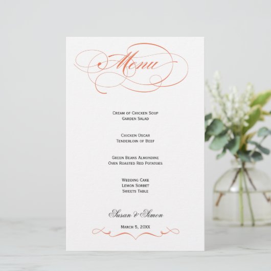 Elegantes Script Wedding Menu - Orange (Stehend Vorderseite)