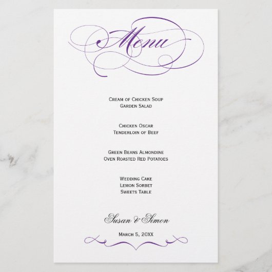 Elegantes Script Wedding Menu - Royal Lila (Vorderseite)