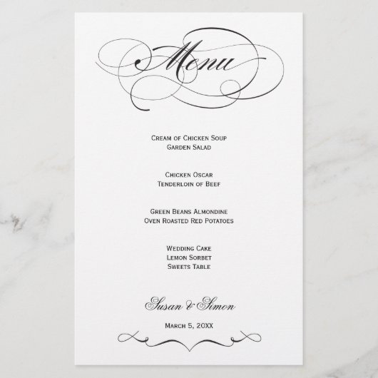 Elegantes Script Wedding Menu - Schwarz (Vorderseite)