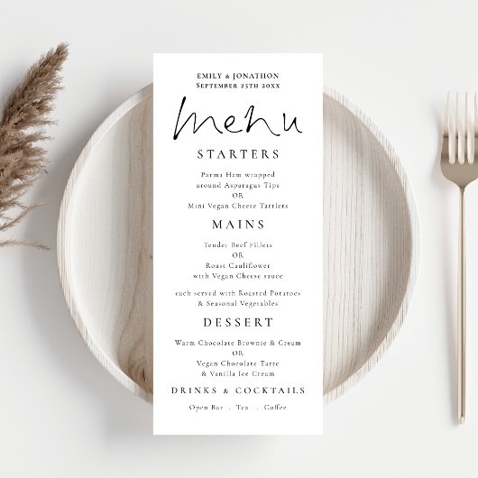 Elegantes Script Wedding Menu Weiß Menükarte