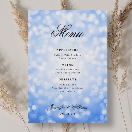 Elegantes Script Wedding Navy Blue Bokeh Lights Menükarte
