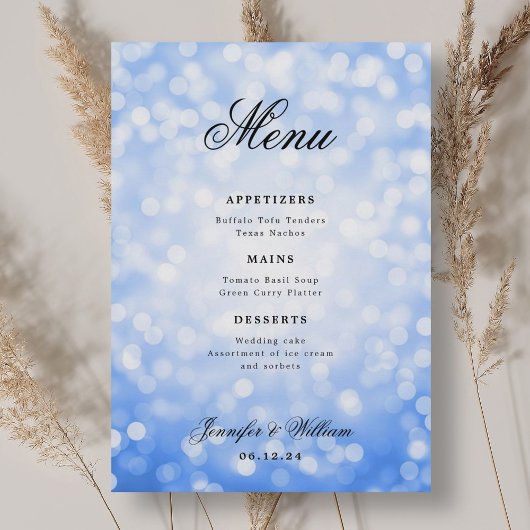 Elegantes Script Wedding Navy Blue Bokeh Lights Menükarte