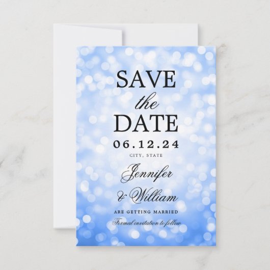 Elegantes Script Wedding Navy Blue Bokeh Lights Save The Date (Vorderseite)