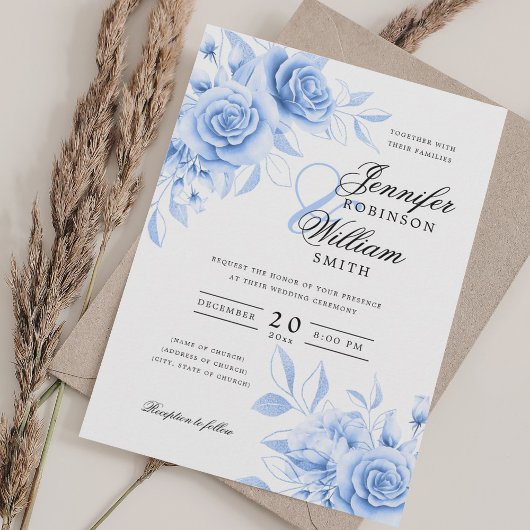Elegantes Script Wedding Navy Blue Floral w/QR UAW Einladung