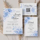 Elegantes Script Wedding Navy Blue Floral w/QR UAW Einladung