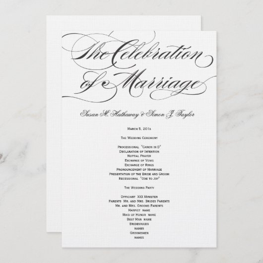 Elegantes Script Wedding Program - Black Programm (Vorne/Hinten)