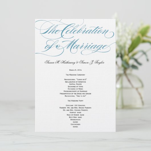 Elegantes Script Wedding Program - Blue Programm (Stehend Vorderseite)
